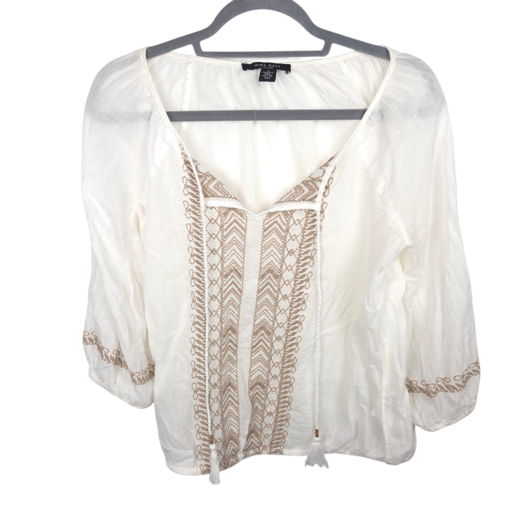 Nine West Cream and Tan Embroidered Blouse